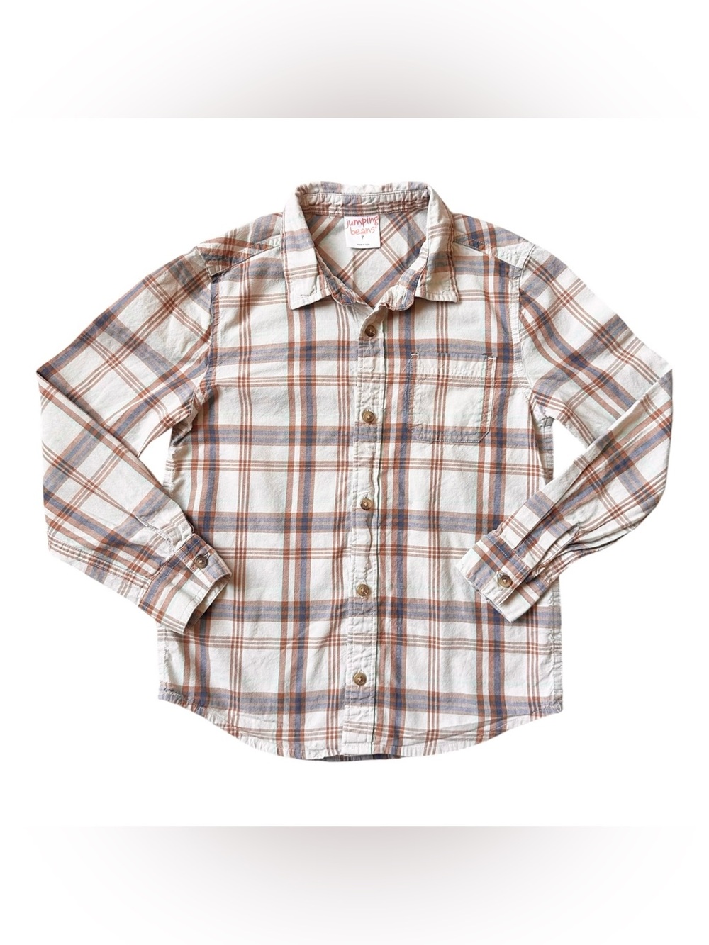 Jumping beans, size 7 boys, neutral, beige plaid, button down long sleeve shirt